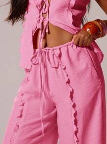 MUSERA 抽绳腰带亚麻质感荷叶边阔腿休闲裤，适合伊比沙岛度假、夏季节日、海滩穿着，浪漫优雅，适合生日、婚礼、机场等场合。 - 粉色 - 查看 5