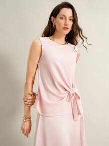 SHEIN Clasi Lotus Root Color Round Neck Bow Decor Women Casual Tank Top - Dusty Pink - View 4