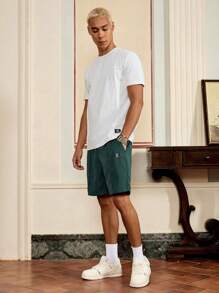 SWAVVY Men Letter Patched Detail Tee & Drawstring Waist Shorts - Teal Blue - View 3