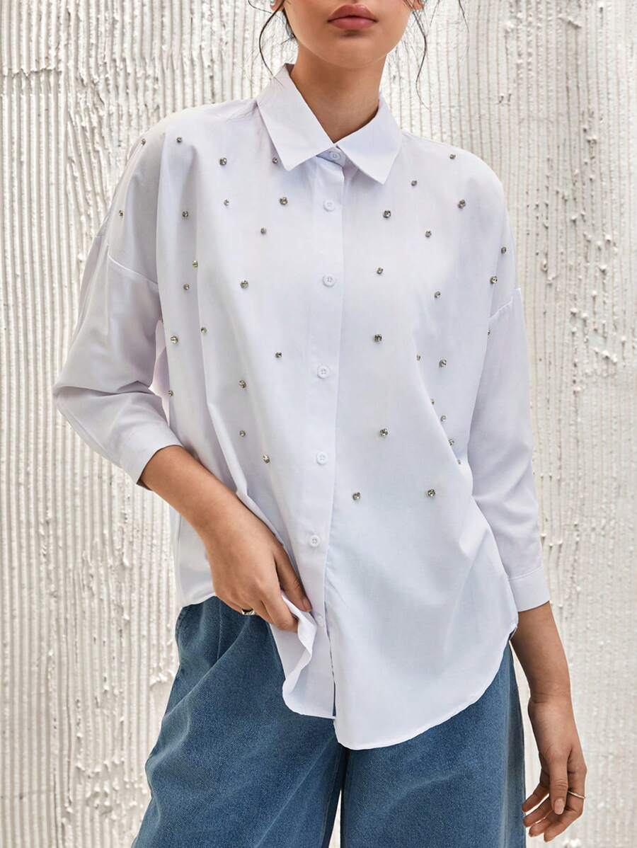 EURMUSE Women's Stylish Rhinestone Embellished Drop Shoulder Shirt - White - View 1