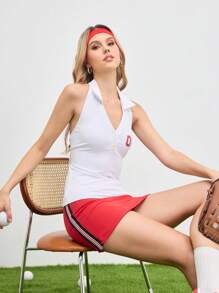 Cheerettes Camisa deportiva polo con estampado digital y espalda abierta para mujer - Blanco - Ver 7