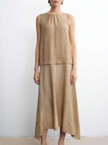 Aalyst Women's Spring/Summer French Style Elegant Premium Minimalist Commute Vacation Solid Color Linen-Like Round Neck A-Line Drawstring Waist Asymmetrical Hem Sleeveless Maxi Dress - Yellow - View 5