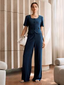 EMERY ROSE Women's Linen Wide Leg Pants, Casual/Office Wear, Work,Navy Blue Linen Suit Pants,Business Casual,Office,Old Money Style,Professional - Navy Blue - View 5