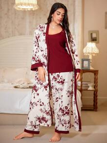 CottageSlumber Floral Print Ruffle Plus Size Robe, Camisole Top And Pants Pajama Set Holiday Season, Outfits  Cozy And Elegant Details, Fall Winter Clothes - Multicolor - View 6