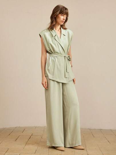 Ontre 2pcs Women Summer Business Casual Sage Green Blazer Vest With Belt And Long Pants Co-Ord Set