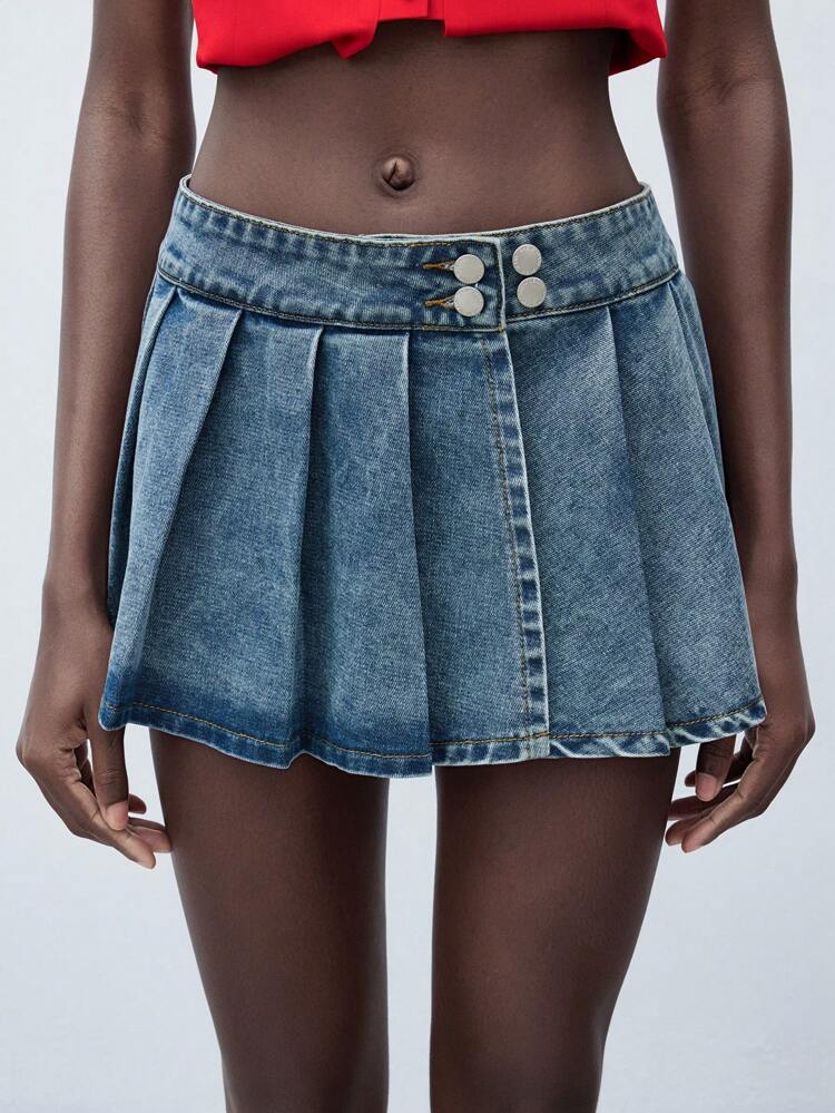 SHEIN Maija Women's Low Waist Mini Pleated Skirt Y2K Music Festival Adjustable Waist Night Out Denim Skirt