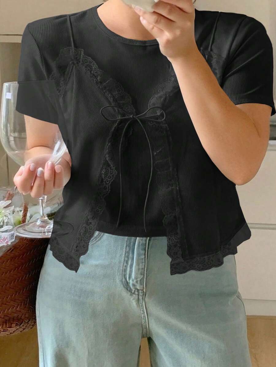 Dazy Plus Plus Size Summer Casual Solid Color Lace Trim T-Shirt