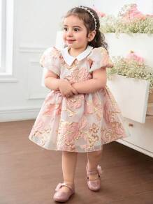 SHEIN Baby Girl Floral Jacquard Peter Pan Collar Puff Sleeve Party Dress - Multicolor - View 5