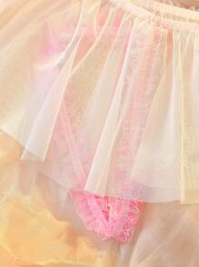 Feminine Lace Ruched Trim Sheer Eyelash Lace Babydoll Ballerina Sexy Panties For Women, White & Pink - White - View 7