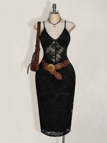 SHEIN ICON Vestido ceñido al Body de encaje de sirena con cintura ceñida de color negro en espiguilla talla grande, estilo bohemio, elegante bohemio, Y2K, para festival de música, vestido bohemio, vacaciones de verano - Negro - Ver 1