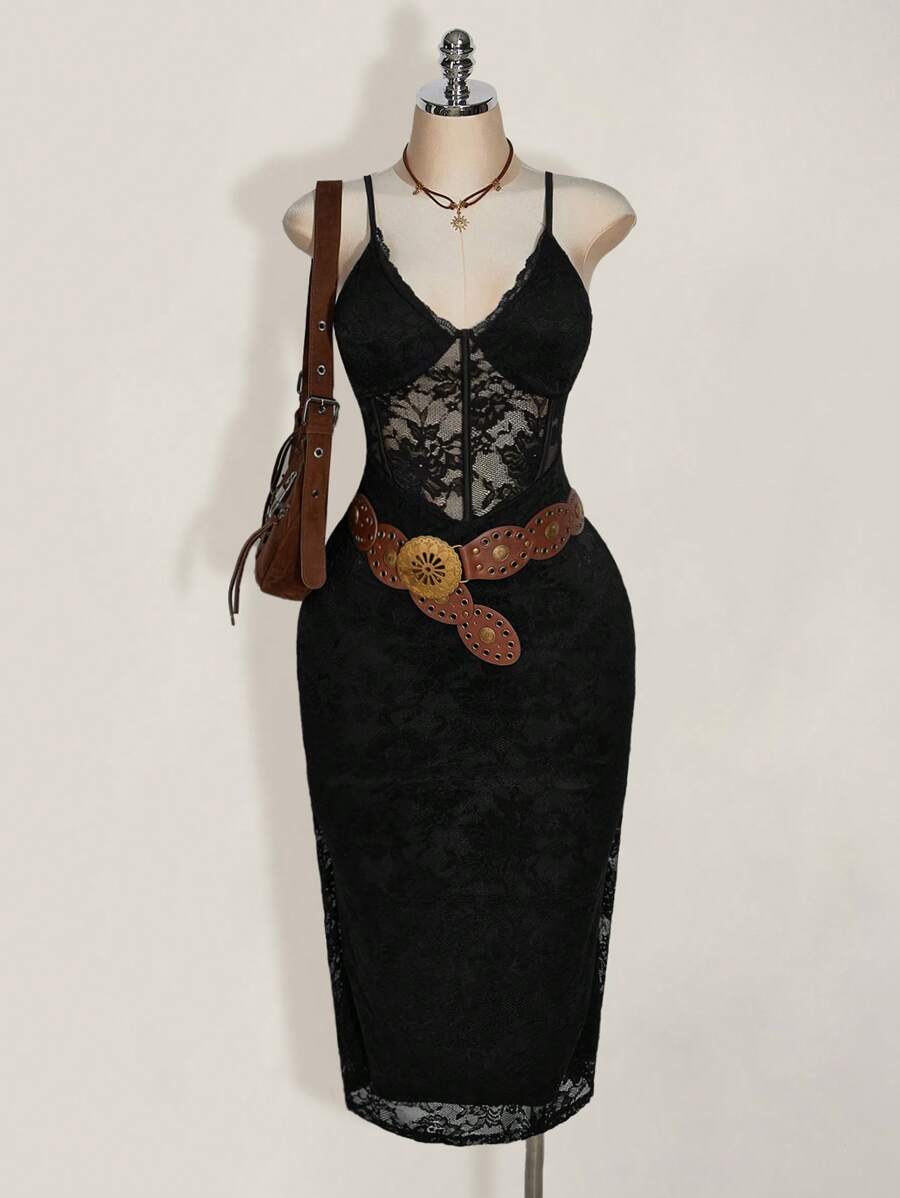 SHEIN ICON Vestido ceñido al Body de encaje de sirena con cintura ceñida de color negro en espiguilla talla grande, estilo bohemio, elegante bohemio, Y2K, para festival de música, vestido bohemio, vacaciones de verano - Negro - Ver 1