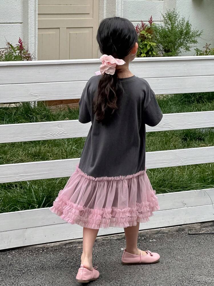 Young Girls Round Neck Cartoon Print Summer Short Sleeve Ruffle Hem Midi Dress
