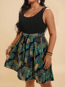 Travachic Robe décontractée à col rond sans manches avec imprimé de plante tropicale, tailles grandes pour femmes