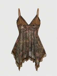 ROMWE Áo ba lỗ in họa tiết Paisley viền ren xếp nếp phong cách Hippie cổ điển dành cho nữ, dài, có viền không đều - màu nâu - Xem 2