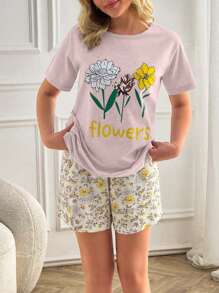 SHEIN Cottnline 2pcs Women Flowers Printed Short Sleeve Shirt And Floral Pattern Homewear Shorts Basic Set - Baby Pink - View 3