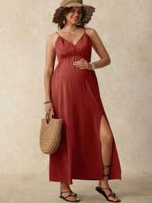 Boho Mama Maternity Solid Color Slit Up To Thigh Cami Dress Vacation Outfits  Birthday Dresses For Maternity Summer - Rust Brown - View 1