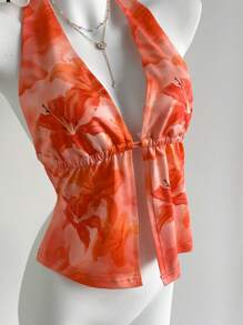 Sweetra Nouveau Top floral sexy à dos ouvert pour femmes, printemps/été - Orange - Voir 7