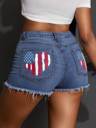 Pantaloncini di jeans taglie forti con stampa bandiera americana, per il Giorno dell'Indipendenza, 4 luglio