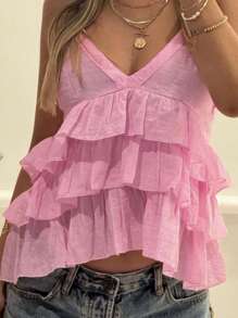 SHEIN PETITE CURVE Top baby doll con balze orlo a strati, colore rosa tinta unita, taglie comode per donna