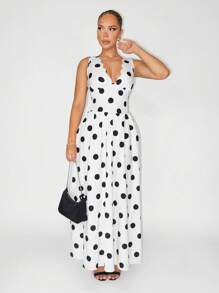 Sirith Nuevo vestido de vacaciones elegante y sexy con cuello en V, estampado de lunares blancos y cintura de estilo vintage para mujer, perfecto para la primavera/verano