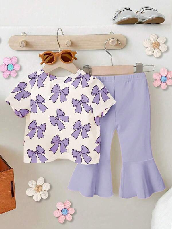 GraphicGems Baby Girls Bow Print Round Neck Short Sleeve T-Shirt & Pants Infant Girl Clothes Butterfly Butterfly Baby Outfit Toddler Girl Cotton Clothes Spring Toddler Girl Clothes Young Girls Clothing Sets