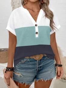 SHEIN New Plus Size Women V-Neck Loose Short Sleeve Colorblock Printed T-Shirt - White - View 1