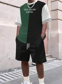 Manfinity Sport Corelite 2pcs/Set Men's Letter Print Contrast Color Short Sleeve T-Shirt And Drawstring Waist Shorts Sports Suit Comfortable Super Lightweight Quick Drying Slim Fit For Casual Training Tracksuit Gym Set Workout Set - Multicolor - View 1