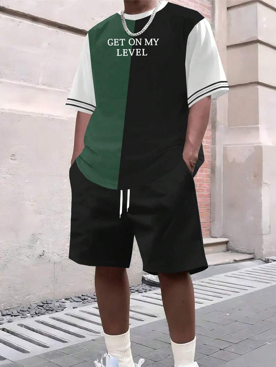 Manfinity Sport Corelite 2pcs/Set Men's Letter Print Contrast Color Short Sleeve T-Shirt And Drawstring Waist Shorts Sports Suit Comfortable Super Lightweight Quick Drying Slim Fit For Casual Training Tracksuit Gym Set Workout Set - Multicolor - View 1