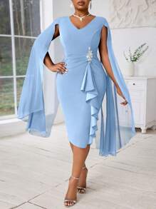 Fleurora Plus Size Women's Spring And Summer Elegant Cape Structured Blue See-Through Formal Evening Dress Fall Women Clothes Four Seasons Blue Dress Summer Outfits