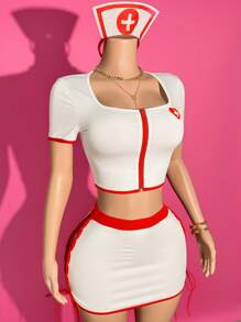 Slaydiva New Summer Sexy Suit Cosplay Nurse Suit Square Neck Front Contrast Red Zipper Love Cross Print Short Sleeve Top + Hip Mini Skirt Side Hollow Bowknot Skirt White And Red Knitted Suit Women's Two Pieces Suit-B - White - View 3
