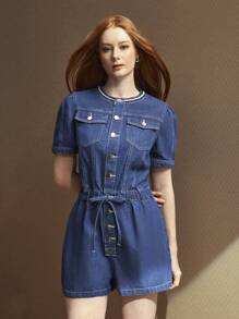 SHEIN BAE 女式夏季休闲高端牛仔连体裤 - 藍色 - 查看 4