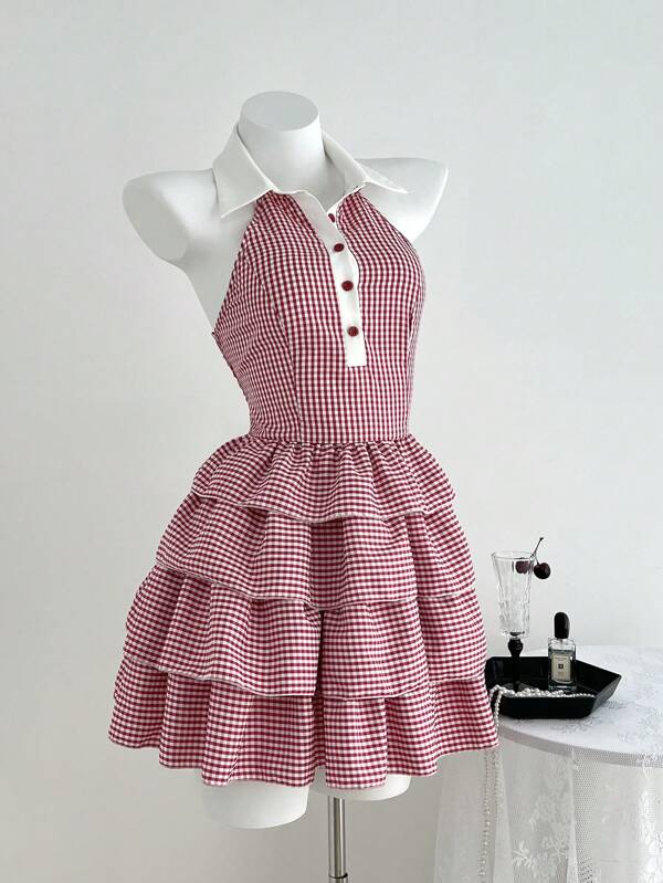 Elamini Women's Summer Y2K Sheer Red & White Plaid Shirt Collar Multi-Layer Cake Mini Dress