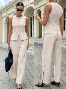 Siren Gaze Aprikosenfarbe Schmetterling Schnalle Damen Weste und Hose elegantes Hosenanzug Set - Aprikosenfarben - Übersicht 5