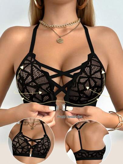 SHEIN 1pc Lace Front Closure Wirefree Sexy Bra For Women