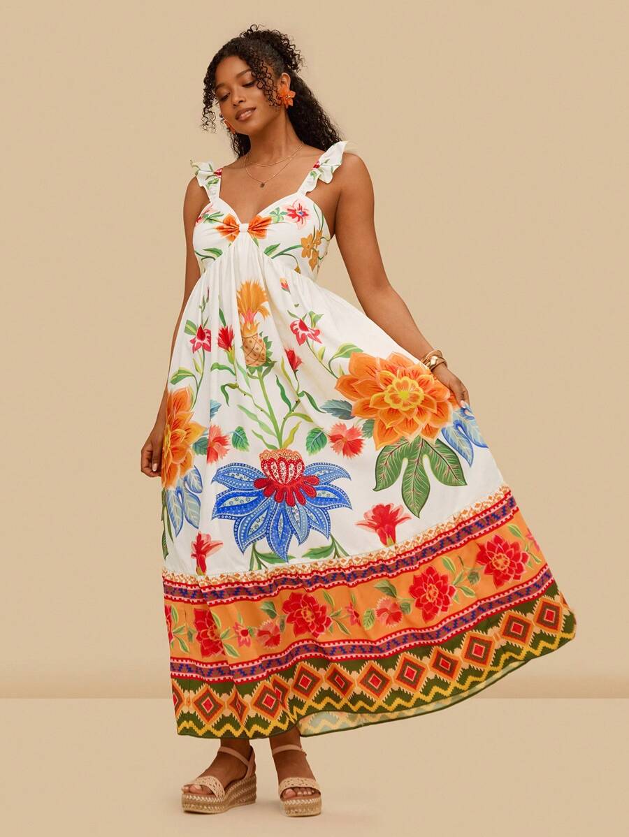 Travachic Damen Große Größen Mehrfarbiges Blumenprint Boho Stil Kleid mit Kappärmeln und Twist Vorderseite, geeignet für Sommerurlaub