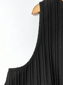 Linhara 2 件套大码女式圆领单排木扣荷叶边下摆上衣和宽松阔腿裤，韩版休闲优雅办公室和度假装，夏季 - 黑色 - 查看 5