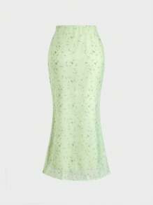 Sweetra Falda verde de sirena con estampado tejido elegante para mujer - Verde - Ver 2