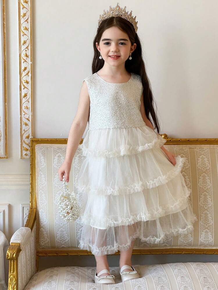 Young Girls Solid Color Patchwork Flounced Mesh Hemline Sleeveless Dress, Young Girls Summer Outfits