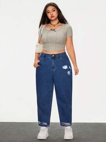 Jeanoix 大码女式水洗做旧休闲牛仔裤，春夏 - 深色水洗藍 - 查看 4