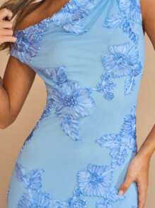SHEIN BAE Blue Solid Color Asymmetric Bodycon Textured Floral Dress, Fitted Beach Holiday Dress