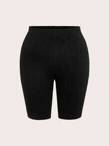 SHEIN BASICS 2pcs/Set Casual Solid Color Round Neck Loose Short Sleeve T-Shirt & High Waisted Tight Shorts Set, Plus Size - Black - View 7