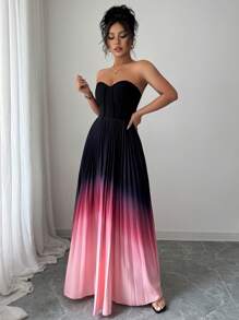 Elenzga Ombre Gradient Elegant Ruched Waist A-Line Dress For Women - Multicolor - View 5