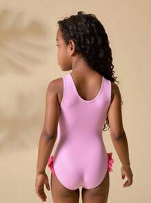 SHEIN 小女孩可爱动物图案针织连体泳衣（带头带） - 粉色 - 查看 2