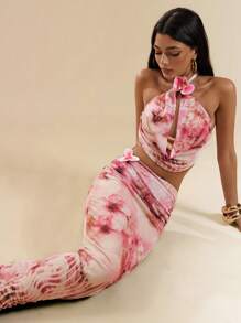 SHEIN BAE 女士长款花卉动物印花半身裙，3D 花朵装饰，夏季时尚，适合浪漫约会、与朋友聚会、度假、优雅日常穿着、海滩、俱乐部、伊比沙岛 - 粉色 - 查看 6