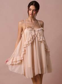 Enchnt Spring/Summer Romantic Women's Apricot Ruffle Hem Backless Loose Camisole Mini Dress,Sweet&Elegant For Vacation&Date&Holiday&Party&Graduation&Wedding Guest&Beach&Boho Chic,Prom Dress,Summer Dresses For Women,Sun Dresses For Women,Summer Clothes