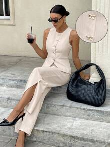 Siren Gaze Aprikosenfarbe Schmetterling Schnalle Damen Weste und Hose elegantes Hosenanzug Set - Aprikosenfarben - Übersicht 3