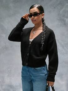 CasuGlow Áo len cardigan dệt kim màu đen cài nút phía trước cho nữ ấm áp thường ngày - màu đen - Xem 3