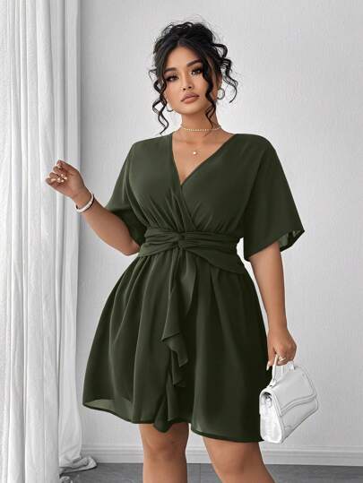 Elenzga Vestido corto de gasa con cuello en V profundo, mangas con volantes, cintura sólida con cinturón, estilo francés con nudo retorcido y ajuste de manga corta. Vestido negro