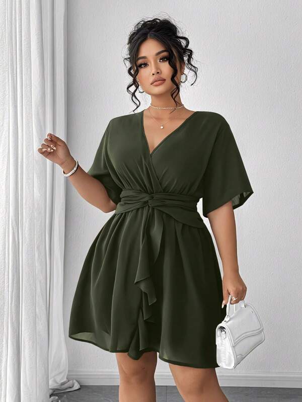 Elenzga Sexy gekruiste, geknoopte, geplooide zoom mini chiffon jurk voor de zomer, diepe V-hals, geplooide mouwen, effen taille, riemjurk, Franse stijl, getailleerde jurk met korte mouwen en gedraaide knoop, zwarte jurk