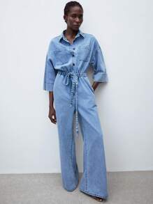 Maija Women's Casual Lightweight Denim Jumpsuit With Drawstring Waist, 3/4 Sleeve, Suitable For Urban Casual Wear, Office Outfit For Women, Autumn, Fall Women Clothes - Light Wash - View 6